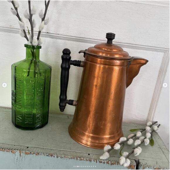 Vintage Copper Brass Cowboy Coffeepot Wood Handle Knob Brass Hinge Spout Cover - Picture 3 of 10